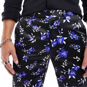 Floral Black and Blue Satin Slim Pants
